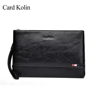 Men’s High-End PU Envelope Clutch Bag Large Capacity Handbag Zipper Closure Waterproof Solid Color Long Polyester