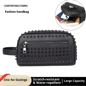 Men’s High End PU Leather Handbags Fashionable Trendy Riveted Bags with Zipper Closure Polyester Lining Style Ladies