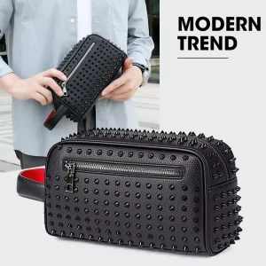 Men’s High-End PU Leather Handbags Fashionable Trendy Riveted Bags with Zipper Closure Polyester Lining Style Ladies