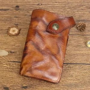 Men’s High Quality Genuine Leather Long Wallet Hand Creased Vegetable Tanned Leather Japanese Style Card Bag Wallet