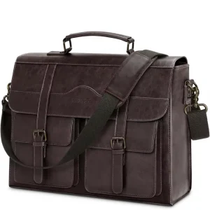 Men’s Laptop 17 Inch Vintage PU Leather Soft Bag Large Messenger Bag Waterproof Office Travel University
