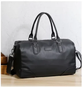 Men’s Large Capacity Crossbody Duffel Bag Black Soft Leather Fitness Travel Handbag Lightweight Foldable Durable