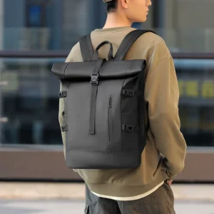 Men’s Large Capacity Oxford Cloth Travel Backpack Stylish Rolled Top Laptop Bag Suitable for College Students