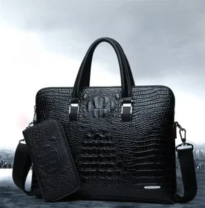 Men’s Large Capacity PU Leather Briefcase Business Set Crocodile Patterned Handbag with Wallet