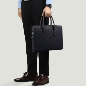 Men’s Large Capacity Simple Waterproof Genuine Leather Soft Hand Held Briefcase Laptop Business Bag