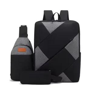 Men’s Large Capacity Three-Piece Backpack Geometric Pattern Waterproof Business Computer Laptop Bag Nylon for Travel