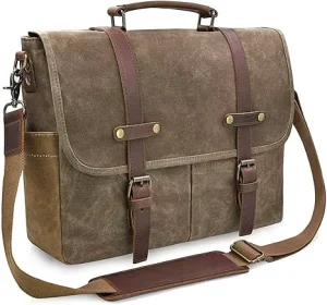 Men’s Large Leather Computer Laptop Bag 15.6 Inch Waterproof Vintage Waxed Canvas Messenger Vintage Style Briefcase
