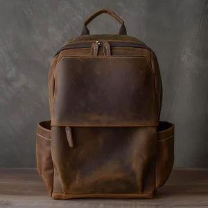 Men’s Leather Backpack Crazy Horse Leather Casual Travel Backpack Cowhide Computer Backpack