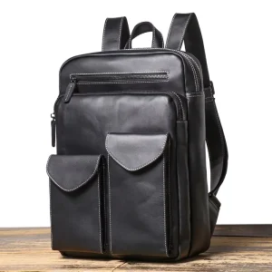 Men’s Leather Backpack Large Capacity Commuting Laptop Bag Cowhide Outdoor Travel Trendy Backpack
