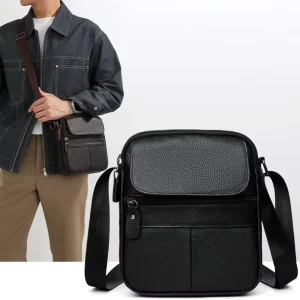 Men’s Leather Bag Casual Crossbody Bag Multiple Pockets Top Layer Cowhide Phone Cover Layer Leather Shoulder Bag