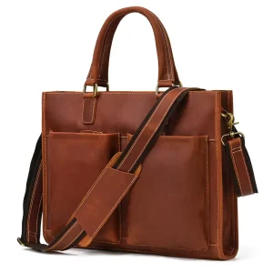 Men’s Leather Briefcase Crazy Horse Leather Tote Leather Shoulder Messenger Bag Business Bag 14″ Laptop Bag