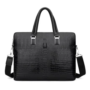 Men’s Leather Business Briefcase Horizontal Double Zipper High Quality Crocodile Head Shoulder Messenger Bag Black