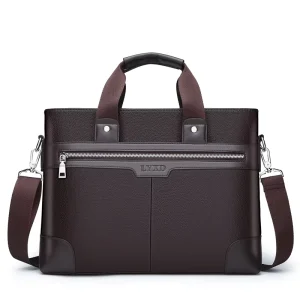 Men’s Leather Business Laptop Briefcase 14 Inch Breathable Textured Travel Single-Shoulder Crossbody Handbags
