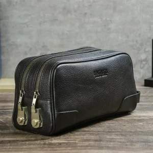 Men’s Leather Clutch Bag Anti Theft Clutch Handbag for Men Double Zippered Lock Clutch Purse Bag Men With Large Capacity