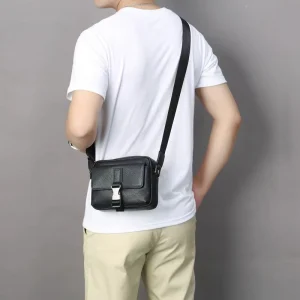 Men’s Leather Durable Small One Shoulder Crossbody Bag Multi Functional Horizontal Portable Mobile Phone Bag Outdoor Casual