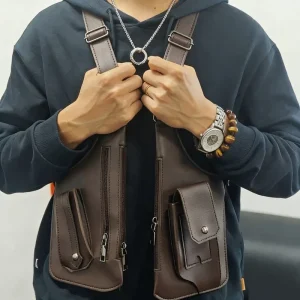 Men’s Leather Sling Backpack Multifunctional Vest Chest Bag Underarm Shoulder Bag Adjustable Strap for Outdoor Travel Hiking