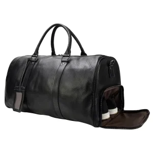 Men’s Leather Travel Bag Black Fitness Crossbody Duffel Shoe Compartment Waterproof Handheld Design Zipper