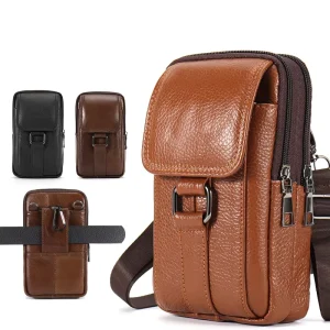 Men’s Leather Waist Bag Crossbody Bags Mobile Belt Clip Wallet Case Cell Phone Holster Men Purse with Shoulder Strap