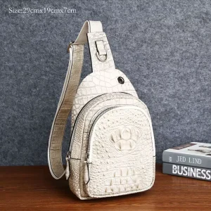 Men’s Luxury Genuine Leather Crossbody Sling Bag Crocodile Pattern Water Resistant Designer Hands Free Fashionable Chest Bag