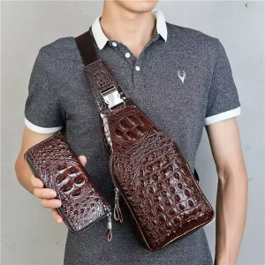 Men’s Luxury Genuine Leather Vintage Chest Bag Shoulder Crossbody Sling Bag Crocodile Wallet Large Capacity Zipper