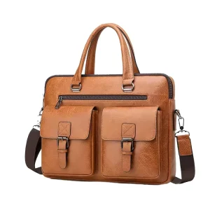 Men’s Modern Korean Fashionable PU Leather Laptop Messenger Bag Simple Style Waterproof Business Design with Zipper Closure