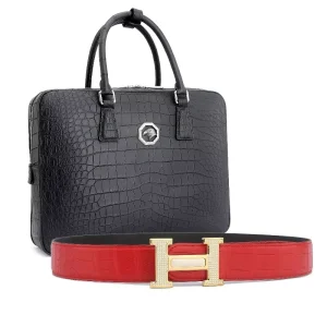 Men’s Multi Functional Casual Tote Nile Crocodile Leather Matte Lightweight Briefcase Handbag Crossbody Bag Business Style