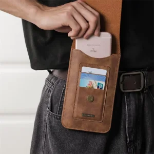 Men’s Multi Functional Custom Leather Cell Phone Fanny Pack Mobile Phone Waist Bag Compatible for iPhone 15