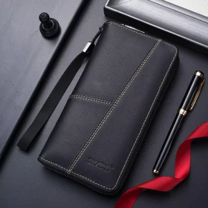 Men’s New Multi Slot Long Wallet Zipper Large Capacity Card Bag Slim PU Leather PC Material Vintage Style RFID Letter