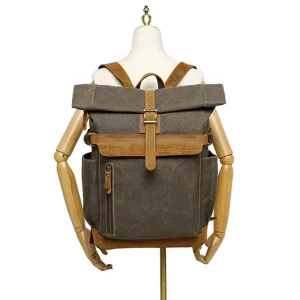 Men’s New School Rucksack Rustic Elegant Vintage Waxed Canvas Roll Backpack Functional for Camping