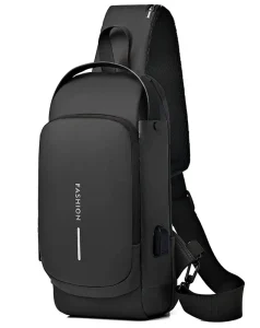 Men’s Nylon Zipper Lock Chest Bag Anti-Theft Waterproof USB Charging Port Multifunctional Sports Shoulder Crossbody