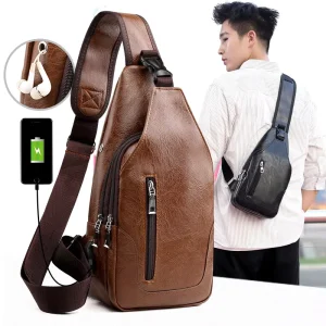 Men’s Outdoor Crossbody Leather Sling Bag Custom Logo Waterproof PU USB Zipper Closure Stylish for Outdoor