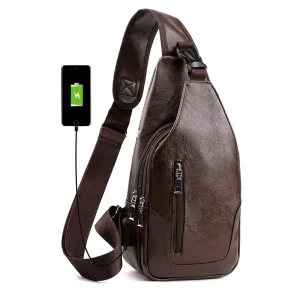 Men’s Outdoor Crossbody Leather Sling Bag Custom Logo Waterproof PU with USB & Zipper Closure for Outdoor Activities