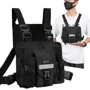 Men’s Outdoor Reflective Tactical Chest Bag with Waterproof Double Chest Pocket Black Backpack with External Frame