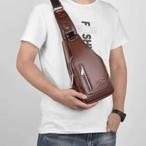 Men’s Outdoor Sports Chest Shoulder Crossbody Sling Bag Custom Logo Waterproof PU USB Zipper