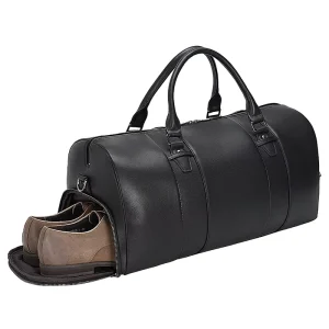 Men’s Overnight Soft Business Gym Full Grain Leather Travel Bag with Shoes Compartment