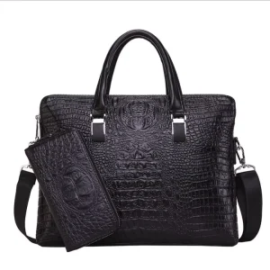 Men’s PU Alligator Double Handle Zipper Closure Waterproof 16 Inch Business Briefcase Fashion Crossbody Single Shoulder