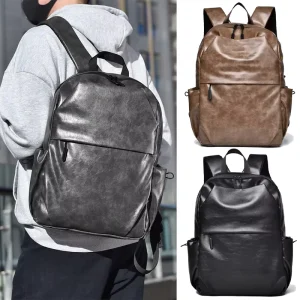 Men’s PU Business Mochila Outdoor Waterproof Decorative Design Knapsack Bag Durable Leather Backpack