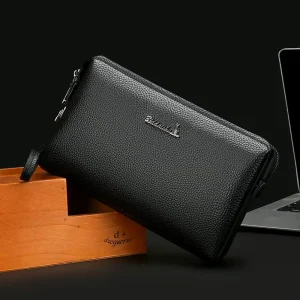 Men’s PU Clutch Bag Large Capacity Combination Lock Wristband Detachable Wallet Zipper Closure Waterproof Polyester