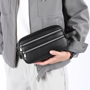 Men’s PU Fashion Triple Zipper Clutch Bag Litchi Pattern Business Casual Wristlet Handbag Large Capacity Custom Logo Waterproof