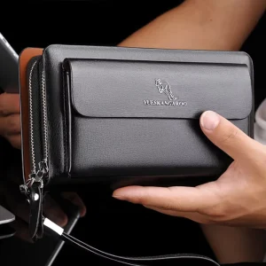 Men’s PU Leather Clutch Bag Handbag Portable with Zipper Closure and Polyester Lining
