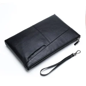 Men’s PU Leather Clutch Bag Korean Fashion Business Casual Envelope Design Zipper Closure Polyester Lining Waterproof