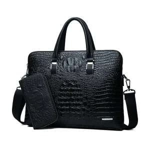 Men’s PU Leather Crocodile Pattern Business Commute Shoulder Crossbody Computer Briefcase Handbag