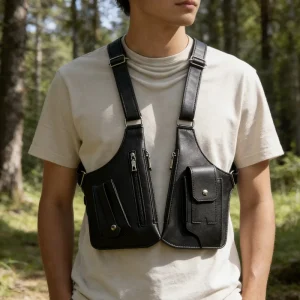 Men’s PU Leather Crossbody Bag Fashion Vest Backpack Adjustable Underarm Chest Bag Outdoor Sports Sling Bag for Travel & Daily