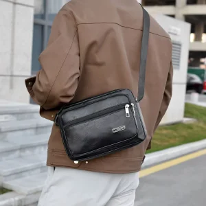 Men’s PU Leather Crossbody Bag Korean Style Business Casual Large Capacity Zipper Closure Man Bag