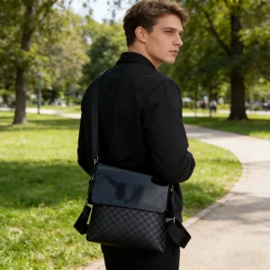 Men’s PU Leather Crossbody Bag Waterproof Daily Work Business Sling Bag with Zipper Closure Polyester Lining