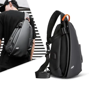 Men’s PU Leather Film Crossbody Travel Shoulder Bag with USB Port Waterproof Outside Chest Bag