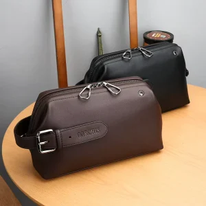 Men’s PU Leather Handbag Large Capacity Business Casual Trendy Zipper Closure Business Elite Clutch Bag