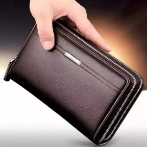 Men’s PU Leather Multi-Card-Slot Clutch Bag Double-Zipper Long Wallet Business Tote Bag Handbag