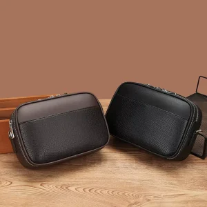 Men’s PU Leather Shoulder Messenger Handbag with Business Style Adjustable Strap Multiple Zipper Pockets for Daily Work