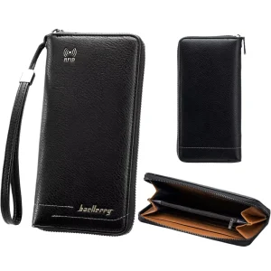 Men’s PU Leather Travel Purse Zip Clutch Wallet with Strap Long Cardholder With RFID and Polyester Lining Thread Pattern